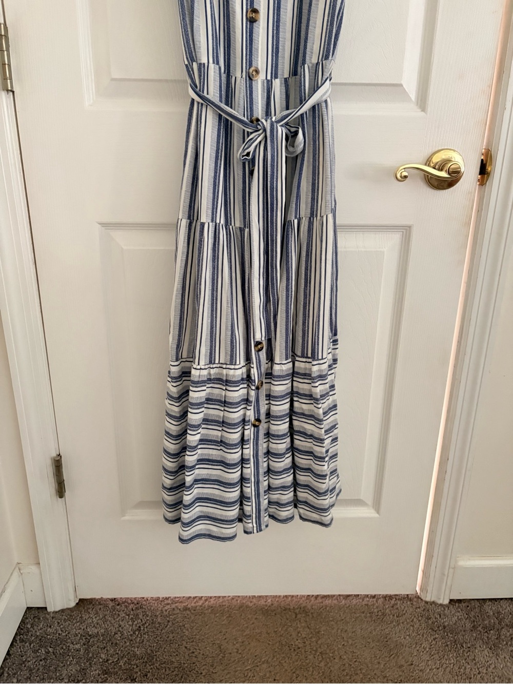 Blue & White Striped Button-Front Maxi Dress with Waist Tie - Picture 3 of 8